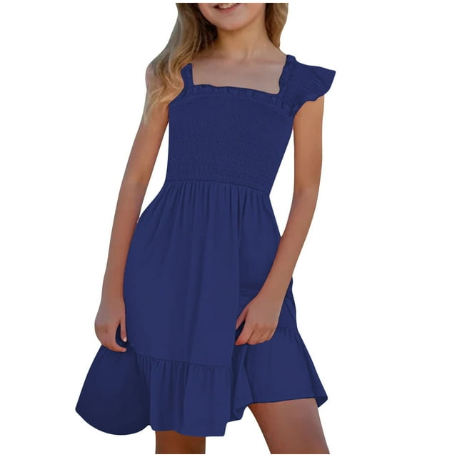 Robes Sans Manches pour Filles Nouvelles Robes d'Été pour Filles Mignonnes à Manches à Volants Double Couche Robe Smockée Fluide Robe d'Été pour Filles Style Décontracté B-8 Marine 7 Ans
