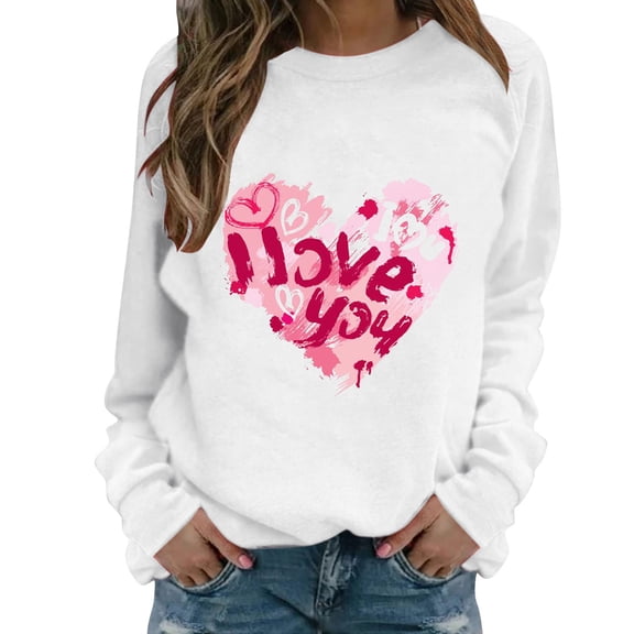 Womens Valentine'S Day Hoodie Sweatshirt Heart Print Long-Sleeved O Neck Soft Oversized Sweatshirt for Men,White,M