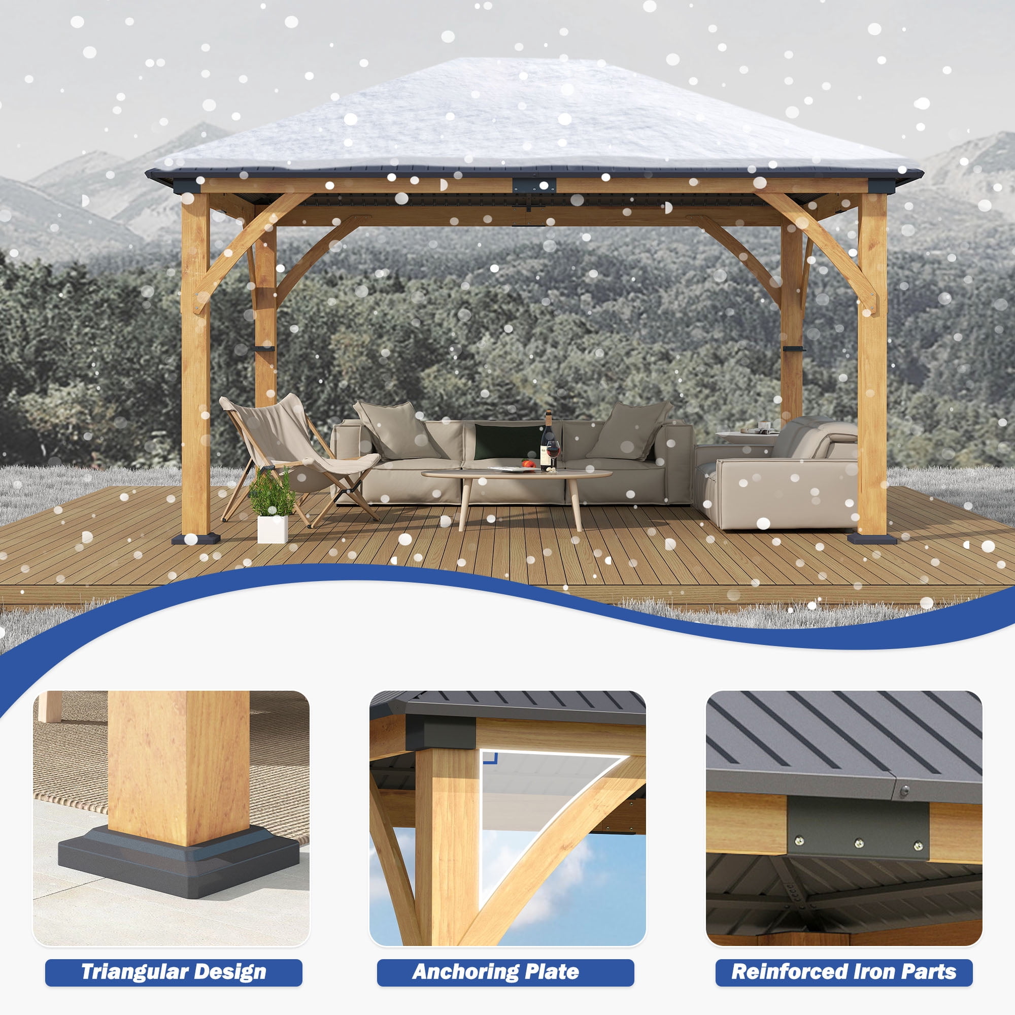 Howsvn 13 ft. x 15 ft Outdoor Hip Roof Spruce Wooden Gazebo, Heavy-duty Hard Top Steel Metal Roof Gazebo Pavilion, Weather Protected Permanent Canopy for Patio, Garden, Backyard