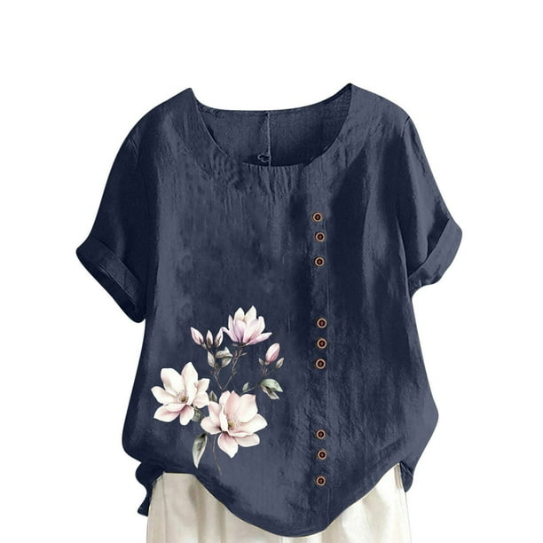 Vestidos Casuales Para Mujer, Blusas De Mujer De Moda Blusa informal de lino con cuello redondo, manga corta y botones para mujer