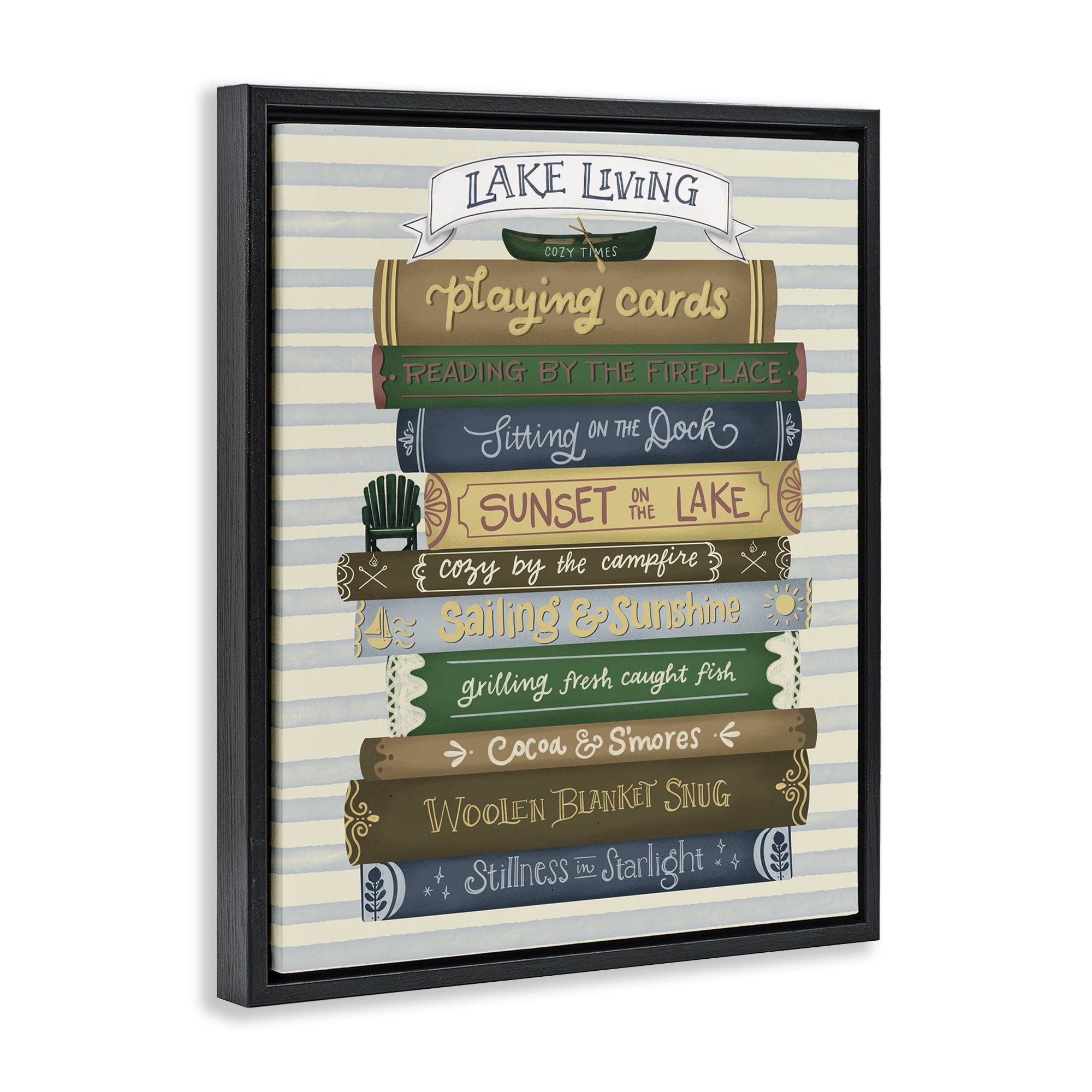 Stupell Industries Lake Living Book Stack Black Framed Floater Canvas Wall Art, design by Giao Williams