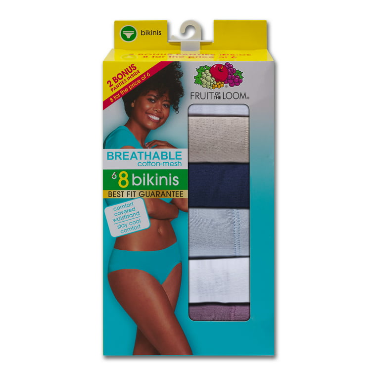 Fruit of the Loom Women's Breathable Cotton-Mesh Bikini Underwear, 6+2  Bonus Pack, Sizes S-2XL 