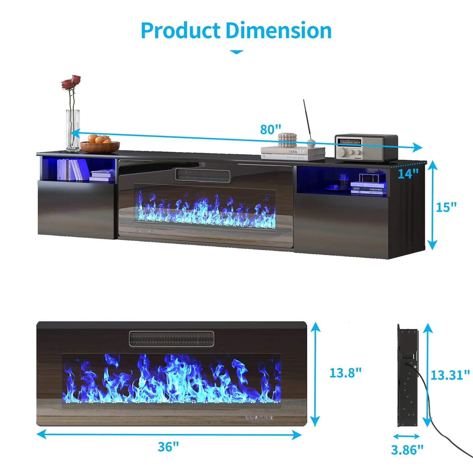 TABU 80" Floating Fireplace TV Stand with 36" Electric Fireplace,Wall Mounted TV Stand with Fireplace for TVs up to 90",Black