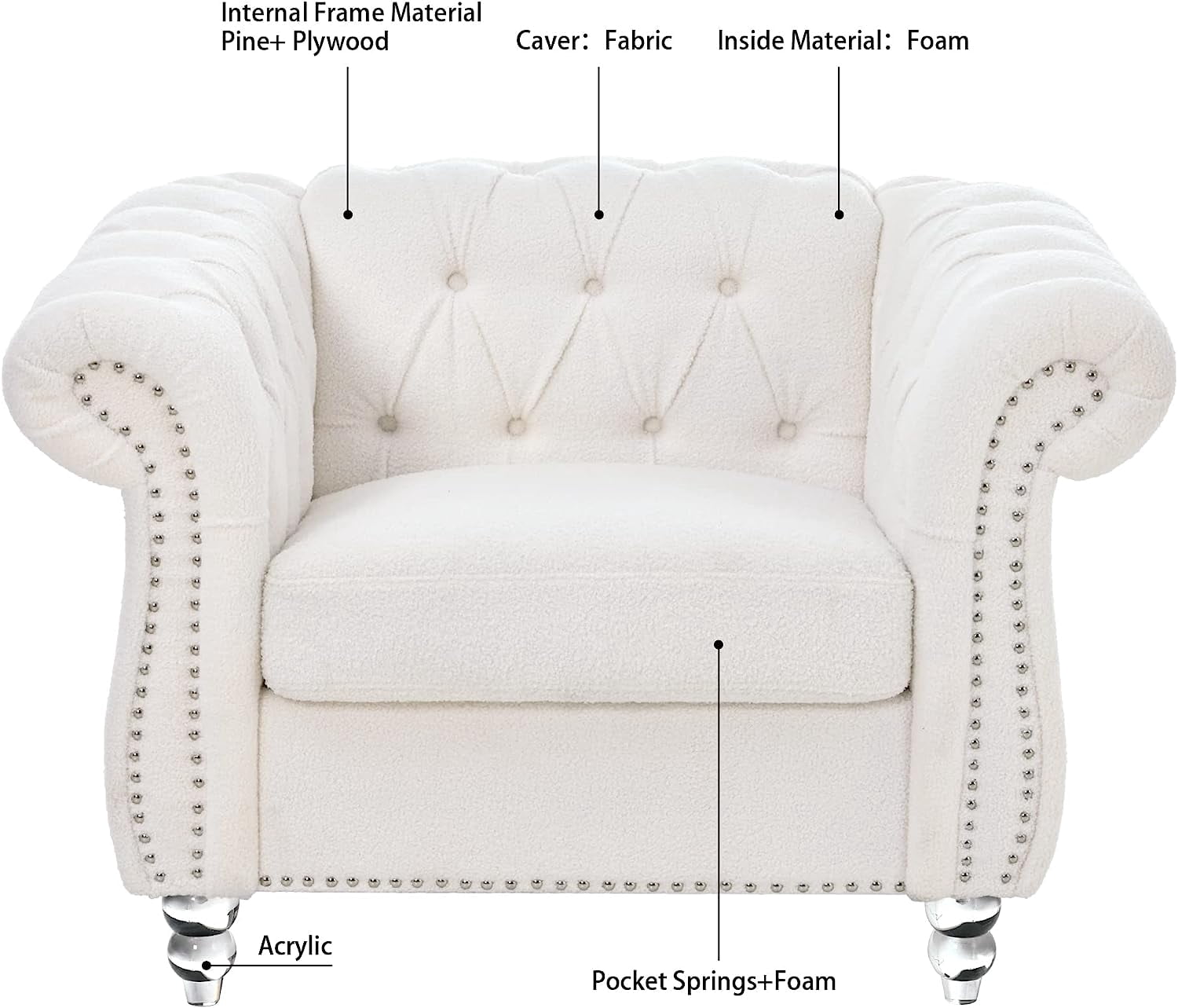 Miniyam 39" Chesterfield Fabric Single Sofa,Upholstered Sofa with Tufted Back,Roll Arm Classic Chesterfield Settee Couches for Living Room,Office
