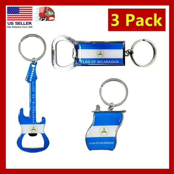 3 Pack of Nicaragua Flag Keychain Souvenirs bulk, Metal Ring, Bottle Openers, Nicaraguan Gift Bundle
