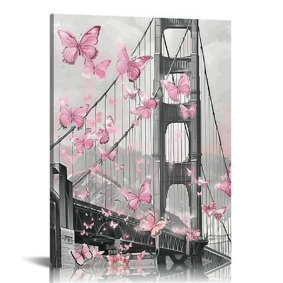 Creowell  Pink and Grey Canvas Wall Art for Living Room Bedroom Bathroom Girls Pink Paris Theme Room Decor Golden Gate Bridge with Butterfly Painting Wall Decor 16x20 in/12x16 in