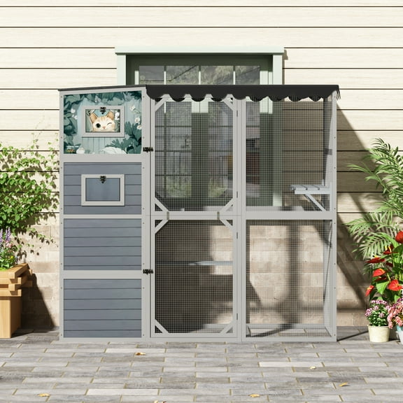 COZIWOW Wood  Cat House Catio Outdoor Enclosure, 2 Resting Condos, 2 Platforms, 4-Tier Cat Play Cage, Gray with Pattern