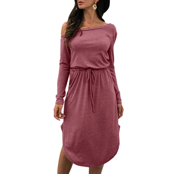 Vestido de un hombro para mujer Vestido a media pierna de manga larga con abertura lateral y cintura Abanopi Rosa/Pequeña