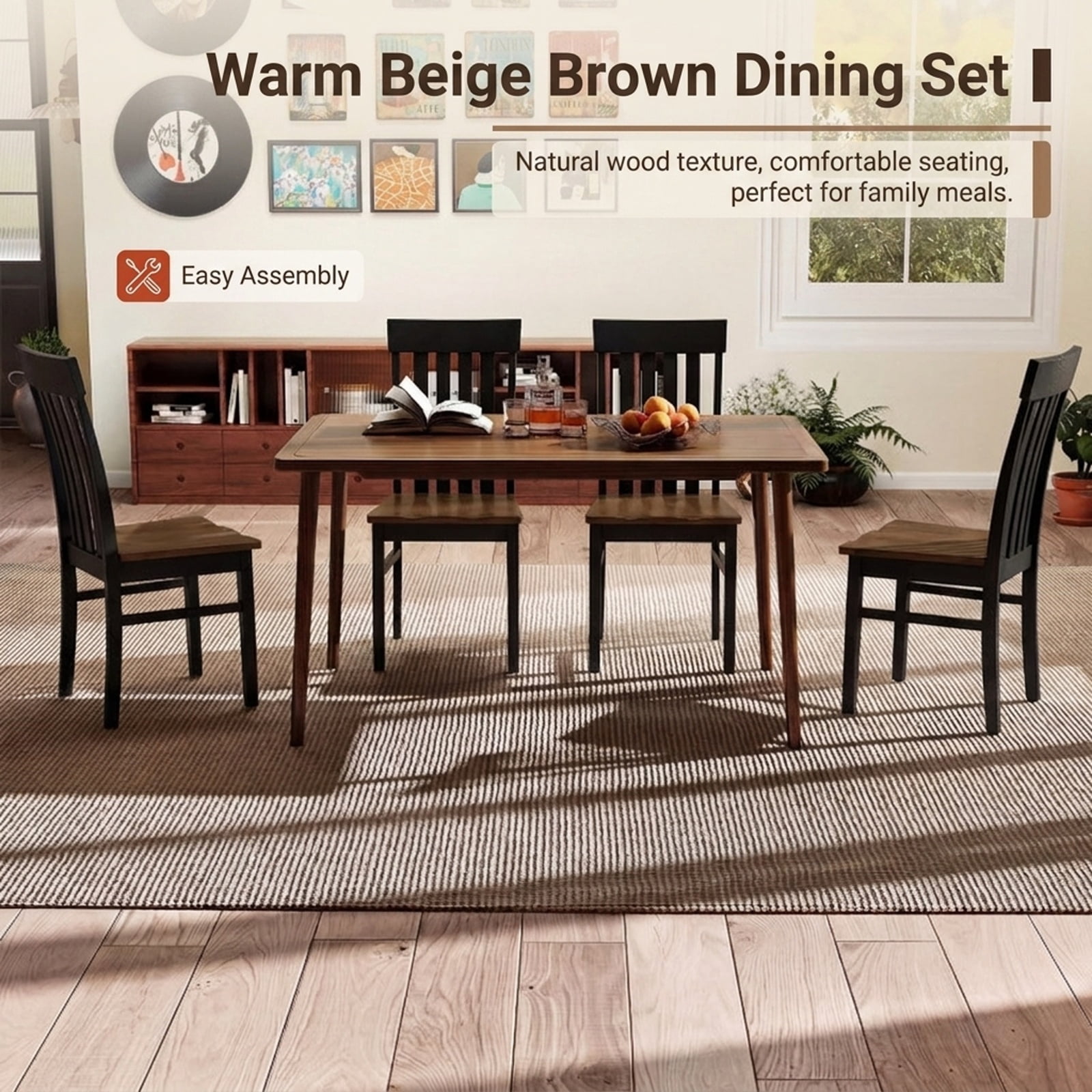 Furnibear Wooden Dining Chairs Set of 2 Armless Kitchen Chairs with Slatted High Backrests and Rubber Wood Legs for Dining Room, Black