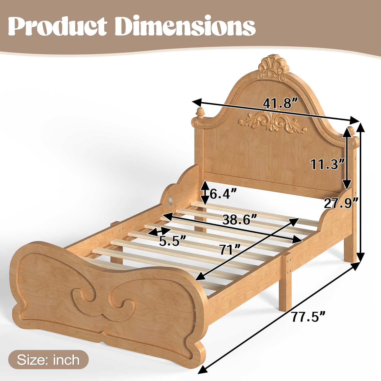 Miniyam Twin Size Kids Platform Bed Frame with Carved Headboard and Footboard, Wood Bed, Natural