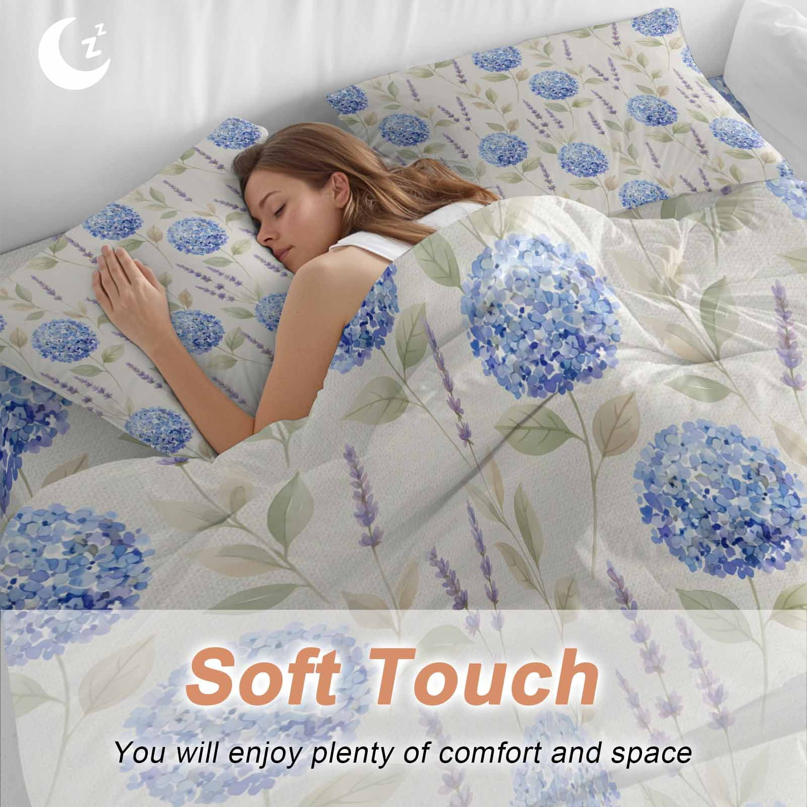 Spring Plant Queen Duvet Cover Set, Blue Hydrangea Purple Lavender Vintage Flower 4 Piece Microfiber Bedding Set with Zipper Closure, Bed Sheet and 2 Pillow Shams, Soft Bedding Cover