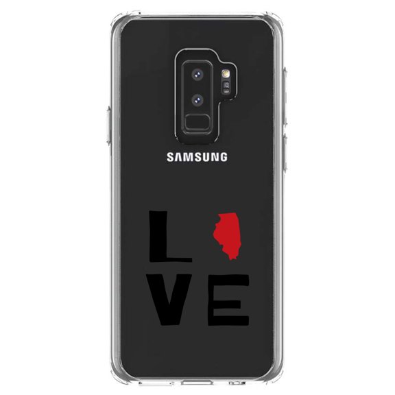 DistinctInk Clear Shockproof Hybrid Case for Samsung Galaxy S9  PLUS (6.2" Screen) - TPU Bumper Acrylic Back Tempered Glass Screen Protector - Illinois - Love Black & Red