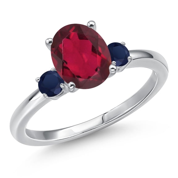 Gem Stone King 14K White Gold Ruby Red Mystic Quartz and Blue Sapphire Engagement Ring for Women | 2.10 Cttw | Oval 9X7MM | Gemstone Birthstone | Size 5
