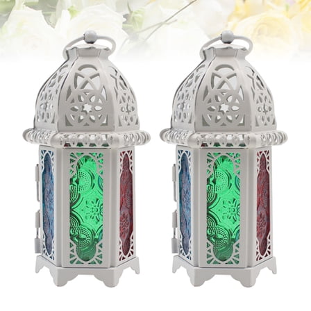 COSMOBETTY Style Iron and Glass Candle Lanterns Set of 2 for Warm Glow Decoration White Colored Glass