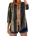 thumbnail image 2 of Cotton 3/4 Sleeve Button Down Shirts for Women Gingham Plaid Striped Tops V Neck Casual Loose Blouse, 2 of 6