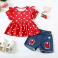 thumbnail image 2 of Kucnuzki 2T Toddler Girls Summer Outfits 3T Toddler Girls Casual Clothes Sets Ruffle Short Sleeves T-shirt Classic Dots Pullover Top Ripped Denim Shorts Sets 2pcs Red, 2 of 8