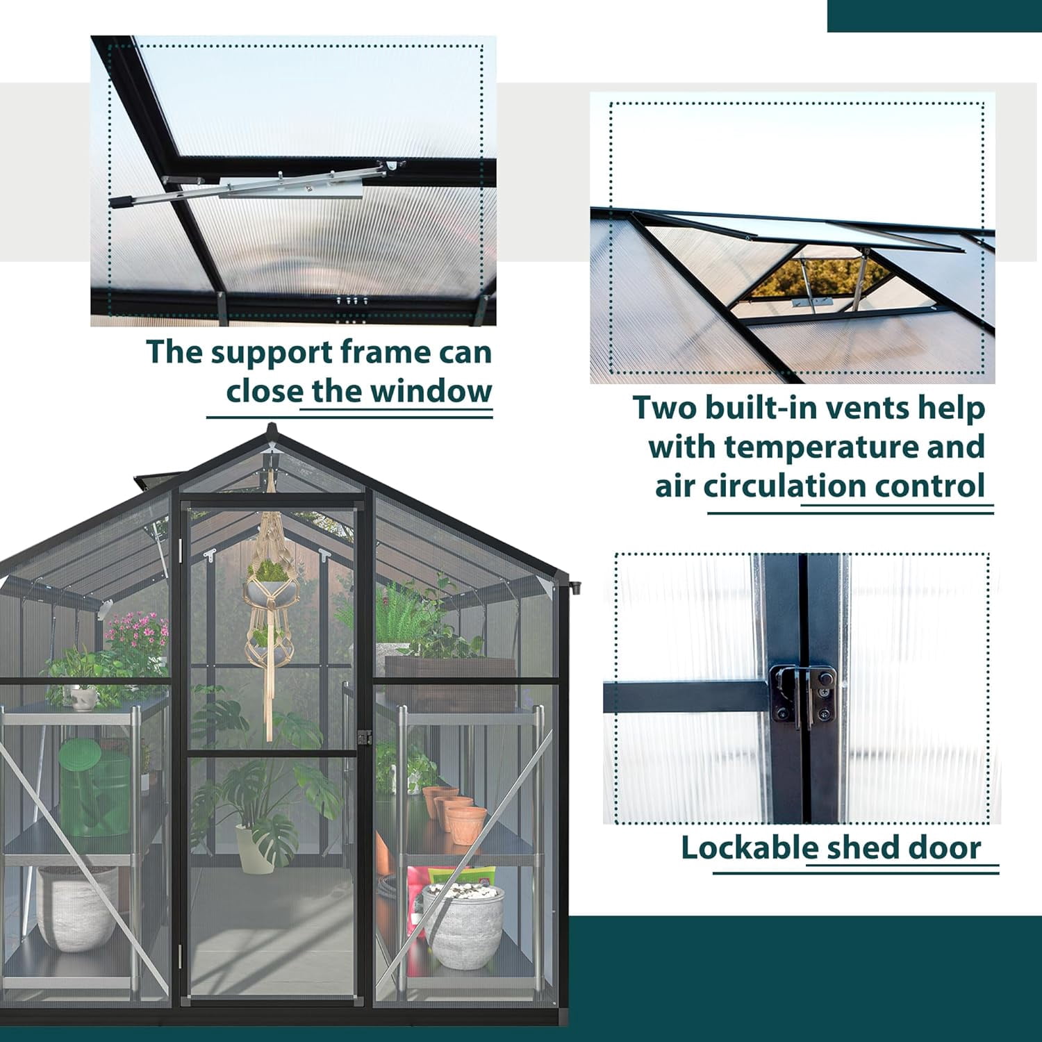 TRAMULL 6x8 ft Polycarbonate Greenhouse for Outdoors, Upgraded Heavy Duty Aluminum Frame Walk-in Green House Garden Adjustment Roof Vent,Hinged Door,Rain Gutter