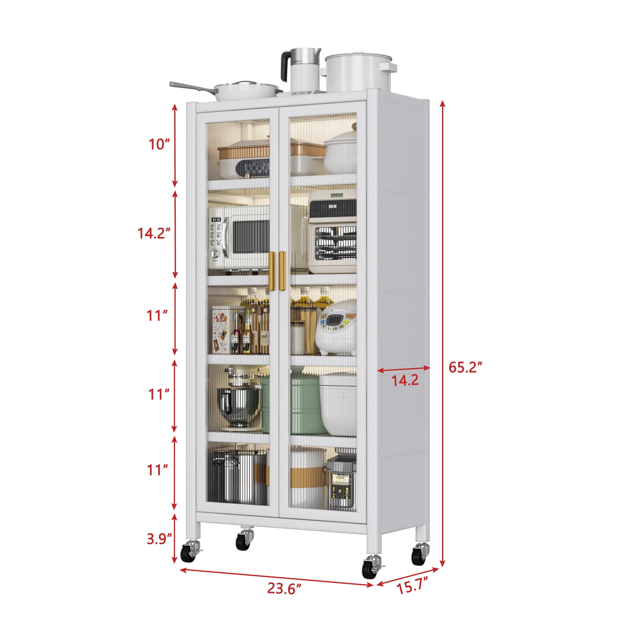 Wohh Kitchen Pantry Cabinet with Wheels, 65.2" Tall Storage Cabinet with Double Doors and Shelves, Metal & PC Microwave Stand Organizer, Freestanding Utility Cupboard for Dining Room