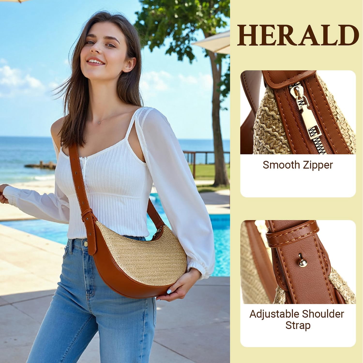 CAILDANL Straw Crossbody Bag for Women Beach Woven Hobo Handbag Summer Chic Crescent Shoulder Purses with Adjustable Strap