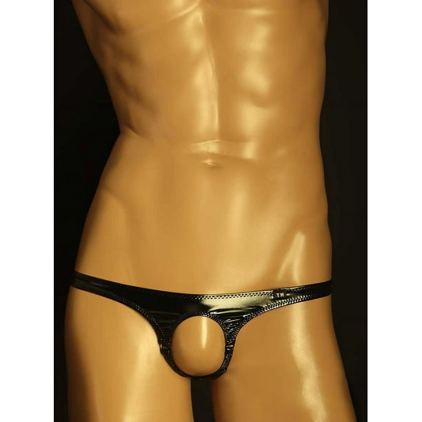 Ropa interior para hombre, tanga sexy de cuero brillante para hombre, anillo de hierro, cintura baja, ropa interior en forma de T, tanga elástica para hombre