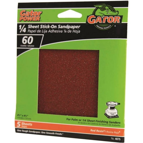 Gator® 4075 Aluminum Oxide 1/4 Sheet Stick-On Sandpaper, 60-Grit, 4.5", 5-Pack