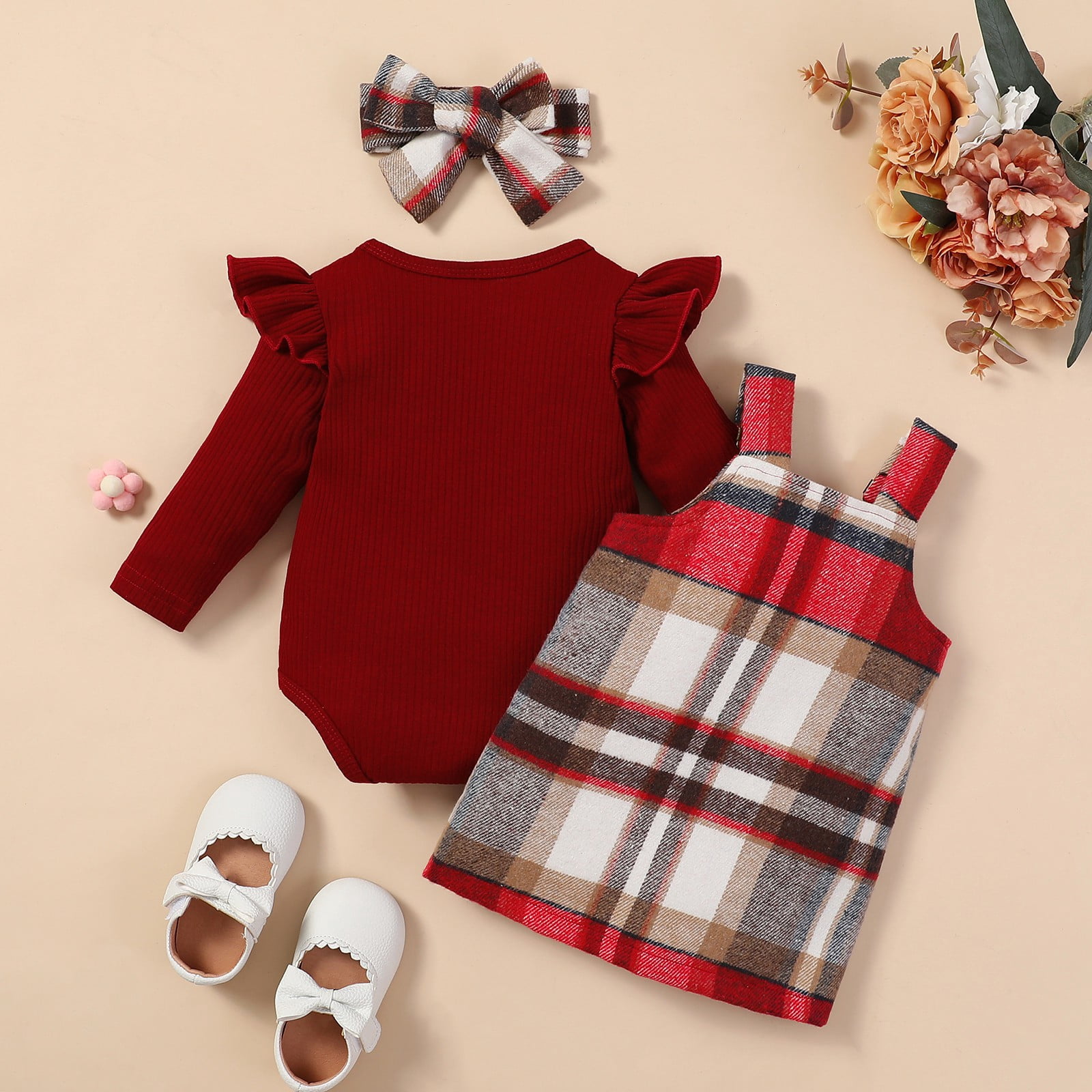 URMAGIC Infant Baby Girl Clothes Ruffled Long Sleeve Top Rompers Plaid Halter Dress Headband Newborn 3Pcs Fall Winter Outfits