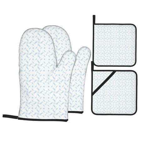

Oven Mitts and Pot Holders 4 pcs Set Lightblue floral Heat Resistant Pot Holders Oven Mitts for kitchen Non-Slip Hanging Loop Oven Glove Potholders for Baking Cooking