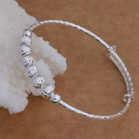 - Diamond Cut Beaded Adjustable Sterling Silver Bangle Bracelet