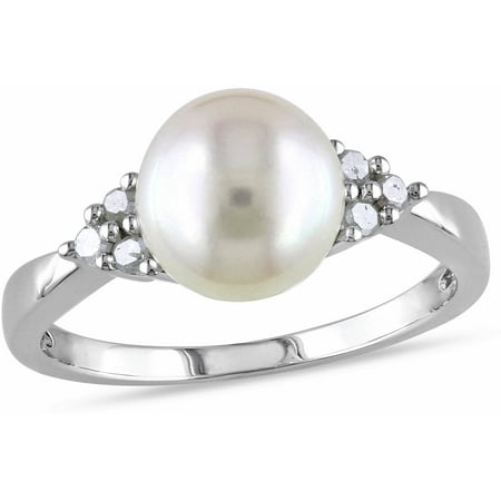 Miabella 8-8.5mm White Round Cultured Freshwater Pearl and 1/8 Carat T.W. Diamond Sterling Silver Cocktail Ring