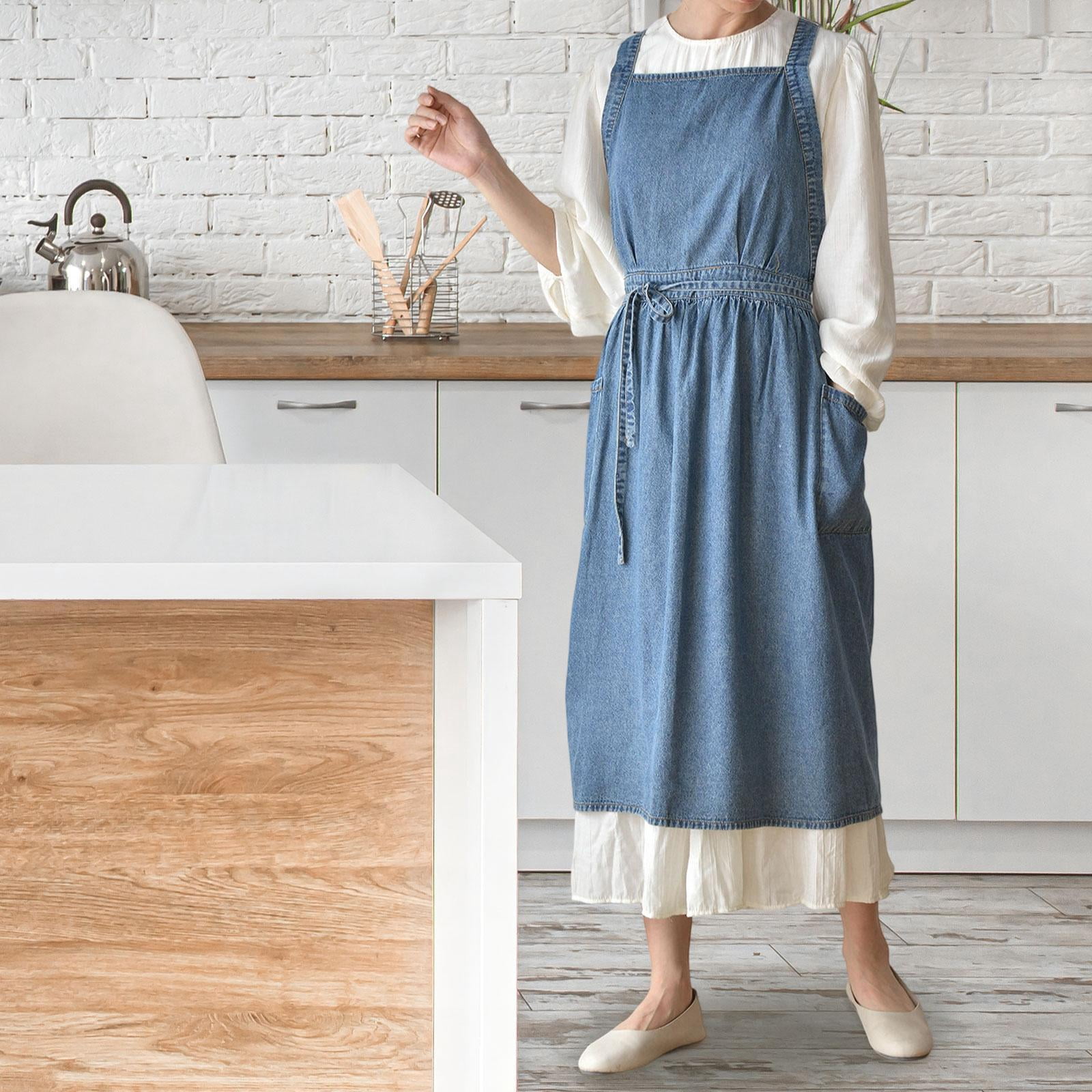 FVDPWYE Denim Apron with Pockets Comfortable Cross Back for Grilling Hairstylist Cooking