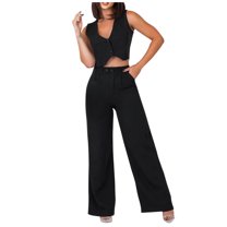 ZyeKqe Womens 2 Piece Lounge Outfits Sleeveless V Neck Crop Top Wide Leg Pants Summer Dressy Casual Sets