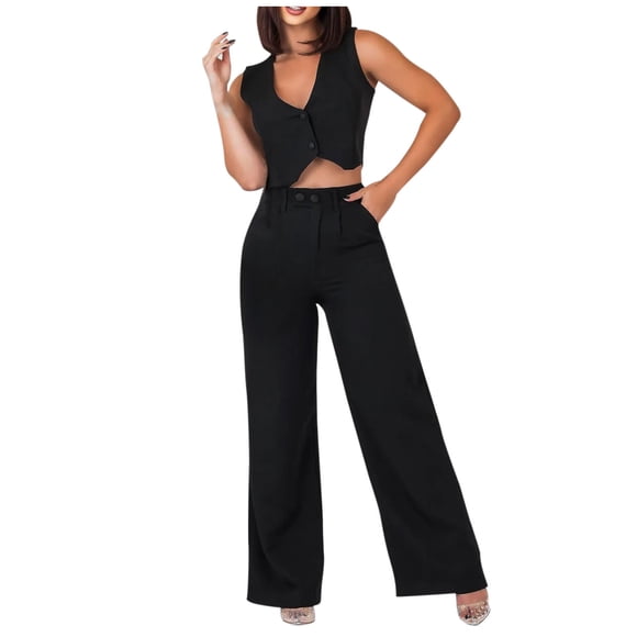 FAIWAD Women's 2 Piece Outfits Button Front Waistcoat Sleeveless V Neck Vest Jacket and Pants Ladies Office Work Set