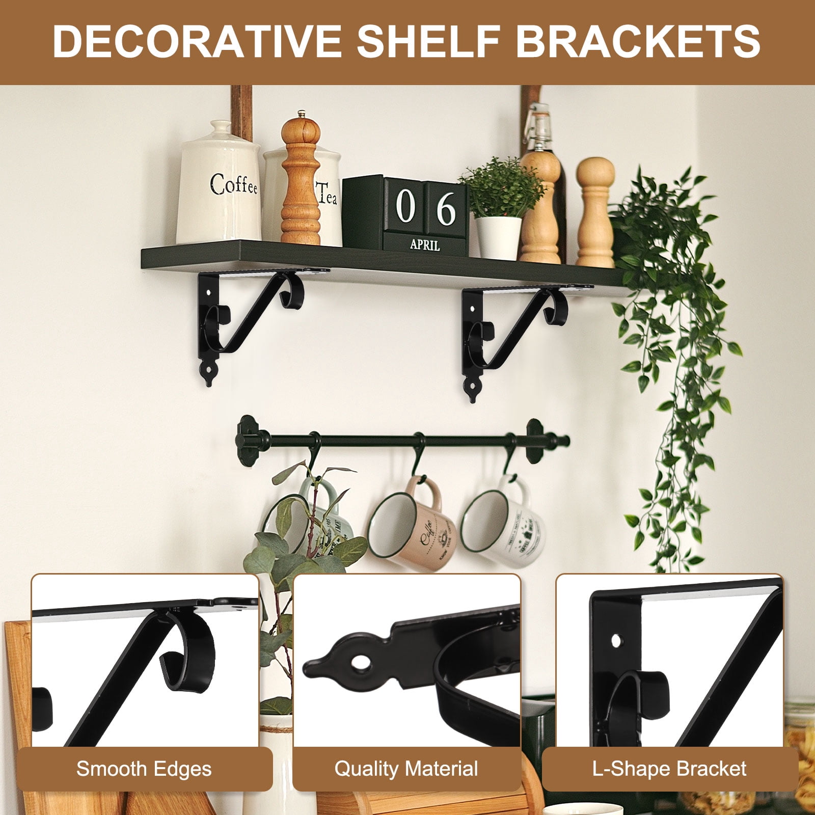 Uxcell 2 Pcs Decorative Shelf Brackets, 200mm/8 Inch Heavy Duty Floating Shelf Brackets for Wall Bookshelves Shelves Support, Black