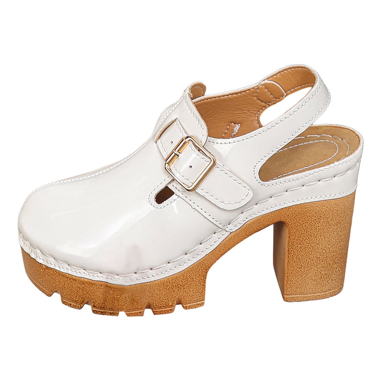 Rokment Platform Chunky High Heels Clogs Slingback Dress Sandals for Women Ladies 2026 Spring Summer Fashion Leather Buckles Closed Toe Chunky Block