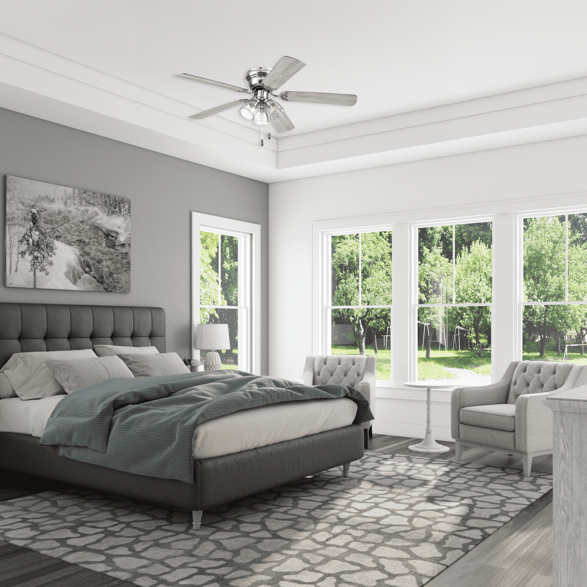 Prominence Home Renton 52" Brushed Nickel Flushmount Ceiling Fan with Light, 5 Blades, Pull Chains & Reverse Airflow
