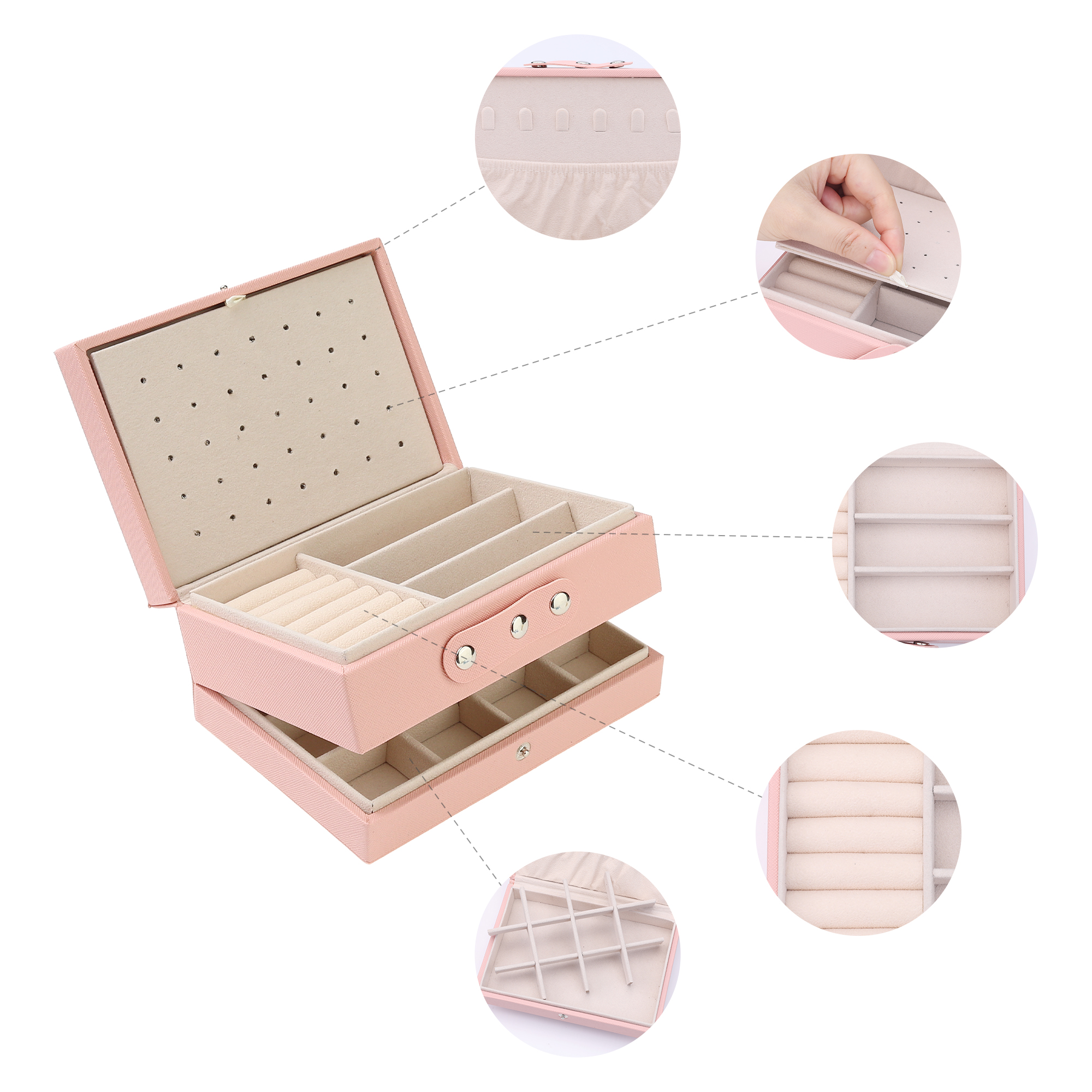 Unique Bargains 2 Layer Jewelry Box PU Leather Jewelry Case for Earring Necklace Ring Pink