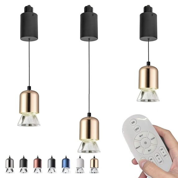 FSLiving Remote Control with Stepless Dimming Color Changing Adjustable Length Track Light Pendnats H-Type Retractable Lift with Mini Modern Aluminum Shade Indoor Island Light,Gold - 3 Pack