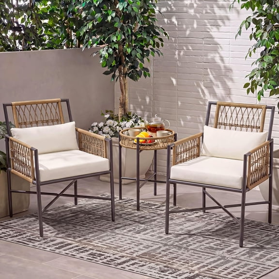 KAMEROUT 3 Pieces Patio Furniture Set, Outdoor Wicker Bistro Set with Beige Cushions for Patio, Balcony, Backyard