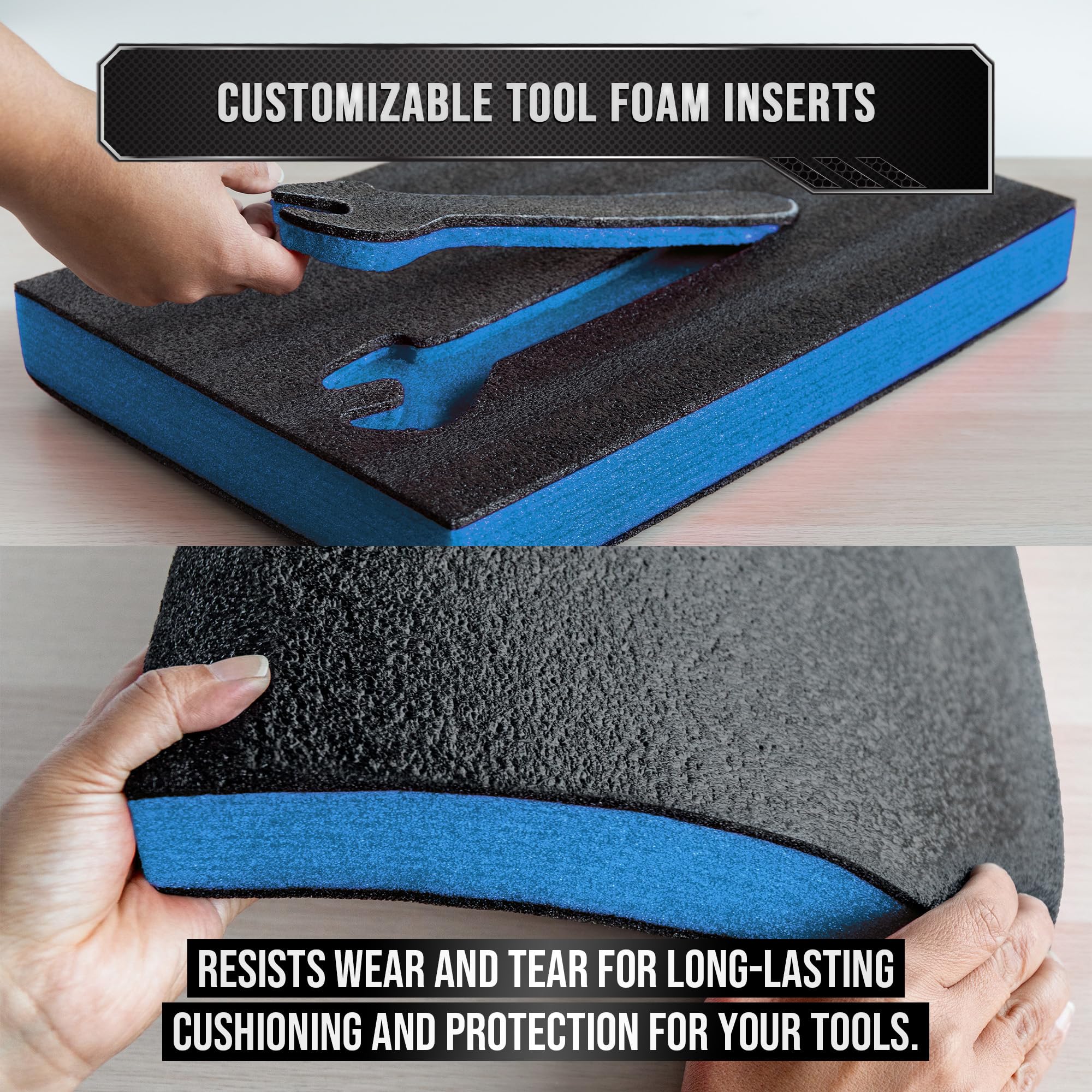 Precision Defined Tool Box Foam - Protective Inserts for Cases, Polyethylene Tool Foam for Cases, Cushion Insert for Toolboxes - 18" Black/Blue (3 pack)