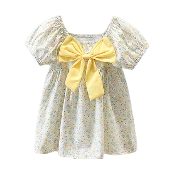 Zpanxa Kids Floral Print Dress, Girls Puff Sleeve Square Neck Casual Sundress with Large Bow for Outdoor & Daily Wear Yellow 4 Years