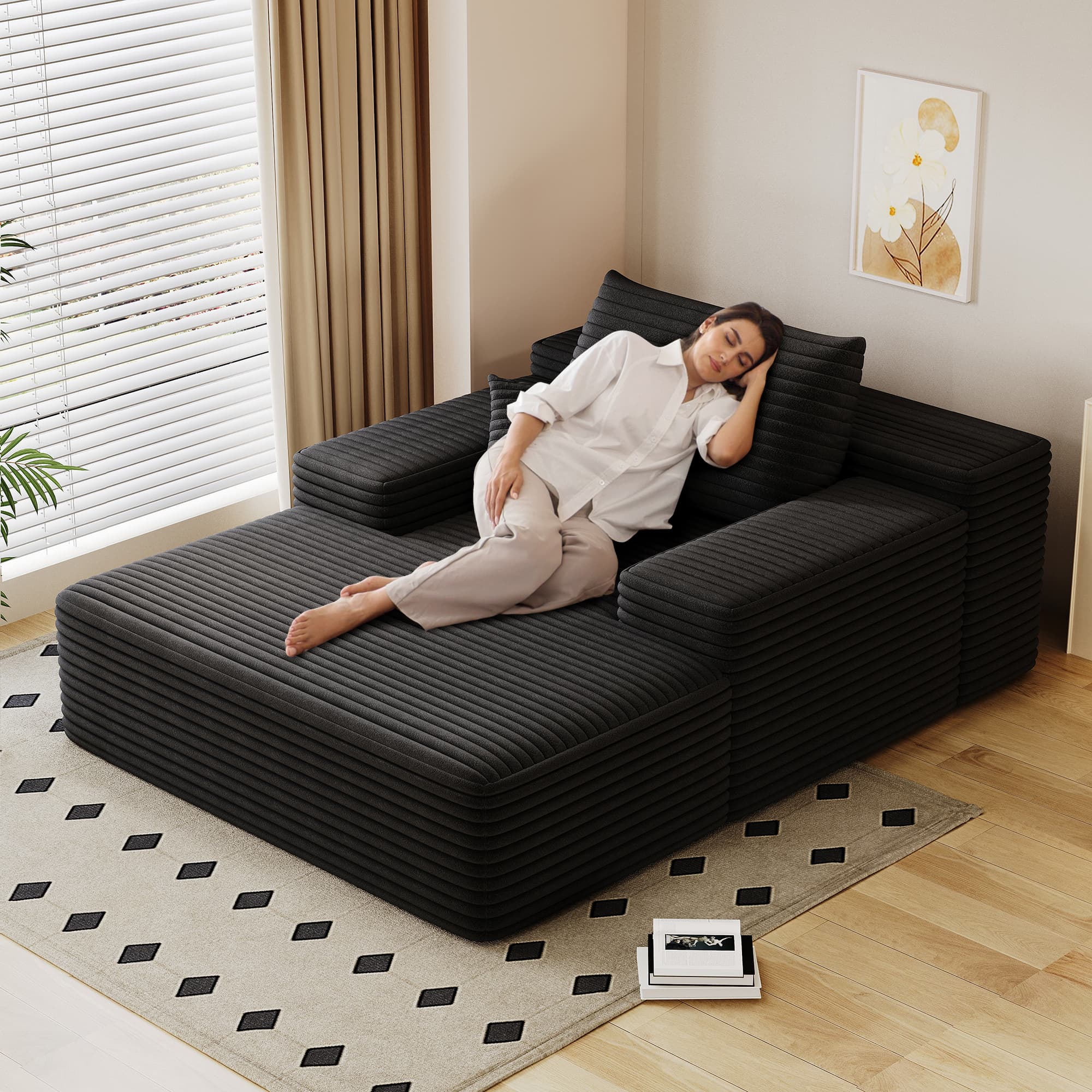 Leumius Oversized Chaise Lounge Chair Indoor Furniture, No Assembly Required, Plush Corduroy Upholstered Sofa Bed Cozy Sleeper Couch for Living Room, Bedroom, Black