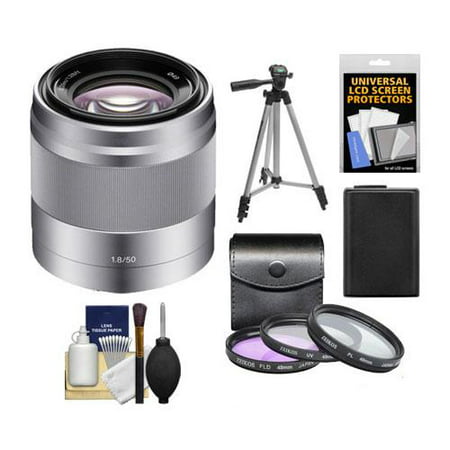 Sony Alpha NEX E-Mount 50mm f/1.8 OSS Lens (Silver) with 16GB Card + 3 Filters + Battery + Kit for A7, A7R, A7S Mark II, A5100, A6000, A6300
