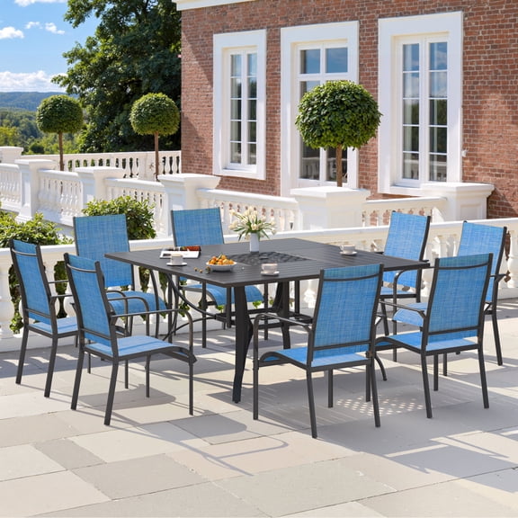U-HOMY 9-Piece Outdoor Dining Set for 8, Textilene Chairs, Square Table, Umbrella Hole, Weatherproof, Blue/Brown/Gray
