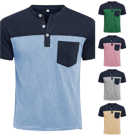 JAJAHO Mens Henley Shirts Short Sleeve T Shirt Casual Summer Color Block Graphic Tees With Pocket Stylish Tops