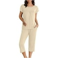 thumbnail image 3 of VBTAPA Womens Pajama Sets Short Sleeve Pleated Top and Capri Pants Matching Pjs Set Soft Comfy Sleepwear Solid Color Lounge Sets with Pockets Daily Deals Clearance Beige M, 3 of 8