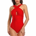 thumbnail image 1 of Trajes de baño de una pieza para mujer Traje de baño sin espalda con control de barriga y ojo de cerradura cruzado en la parte delantera - Rojo, 1 of 6