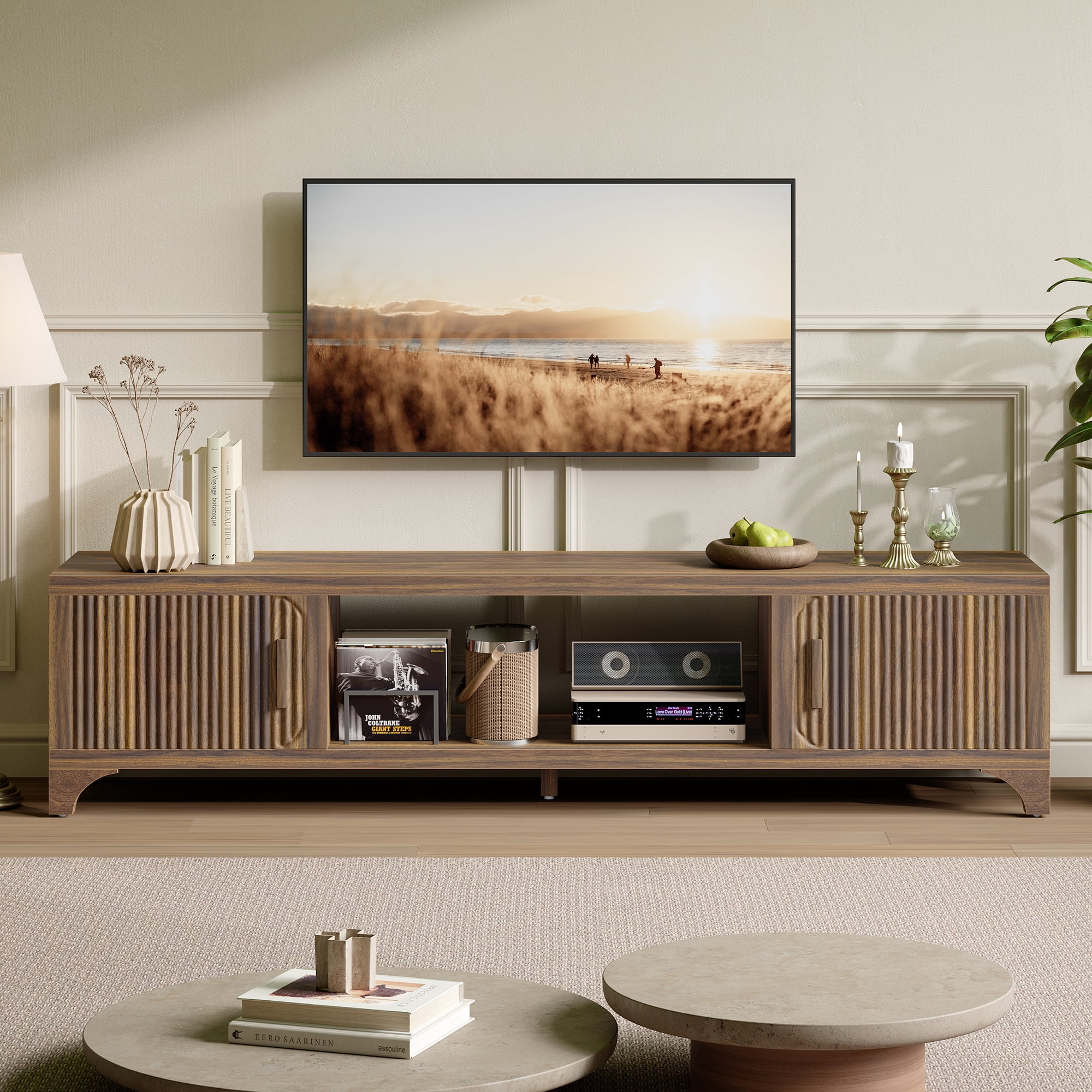 Vebreda 70 Inch Modern TV Stand for 65"/75" TVs, Mid-Century Entertainment Center with Storage, Walnut