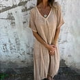 thumbnail image 4 of IDALL Summer Dresses,Petite Dresses Casual Spring And Summer Loose Skirt Short Sleeved V Neck Solid Color Cotton And Linen Dress Linen Dress,Modest Dresses,Womens Dresses Beige Dress L, 4 of 6