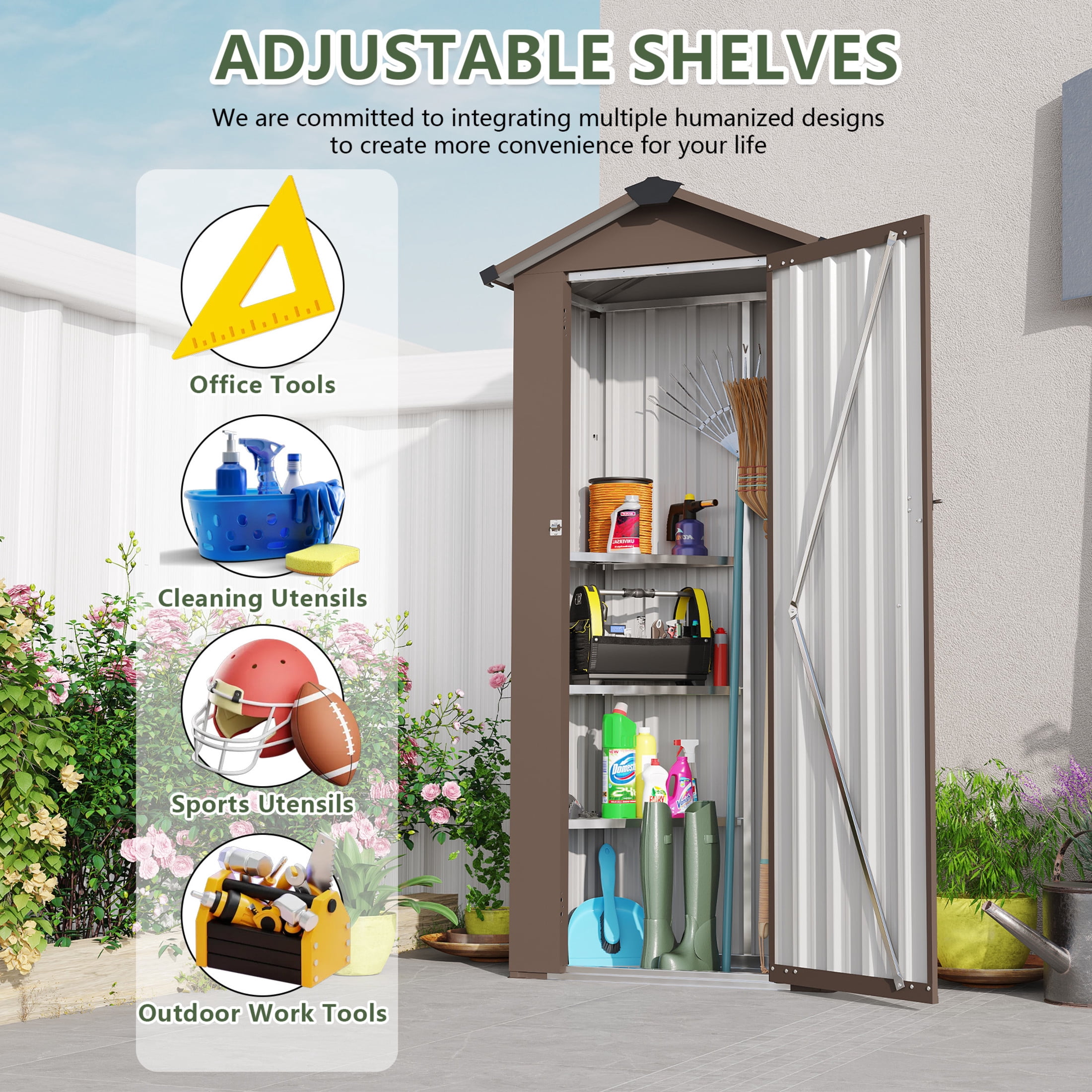 Noble House Outdoor Metal Garden Shed, Waterproof Storage Cabinet with Lock System, Compact Utility Shed, Brown