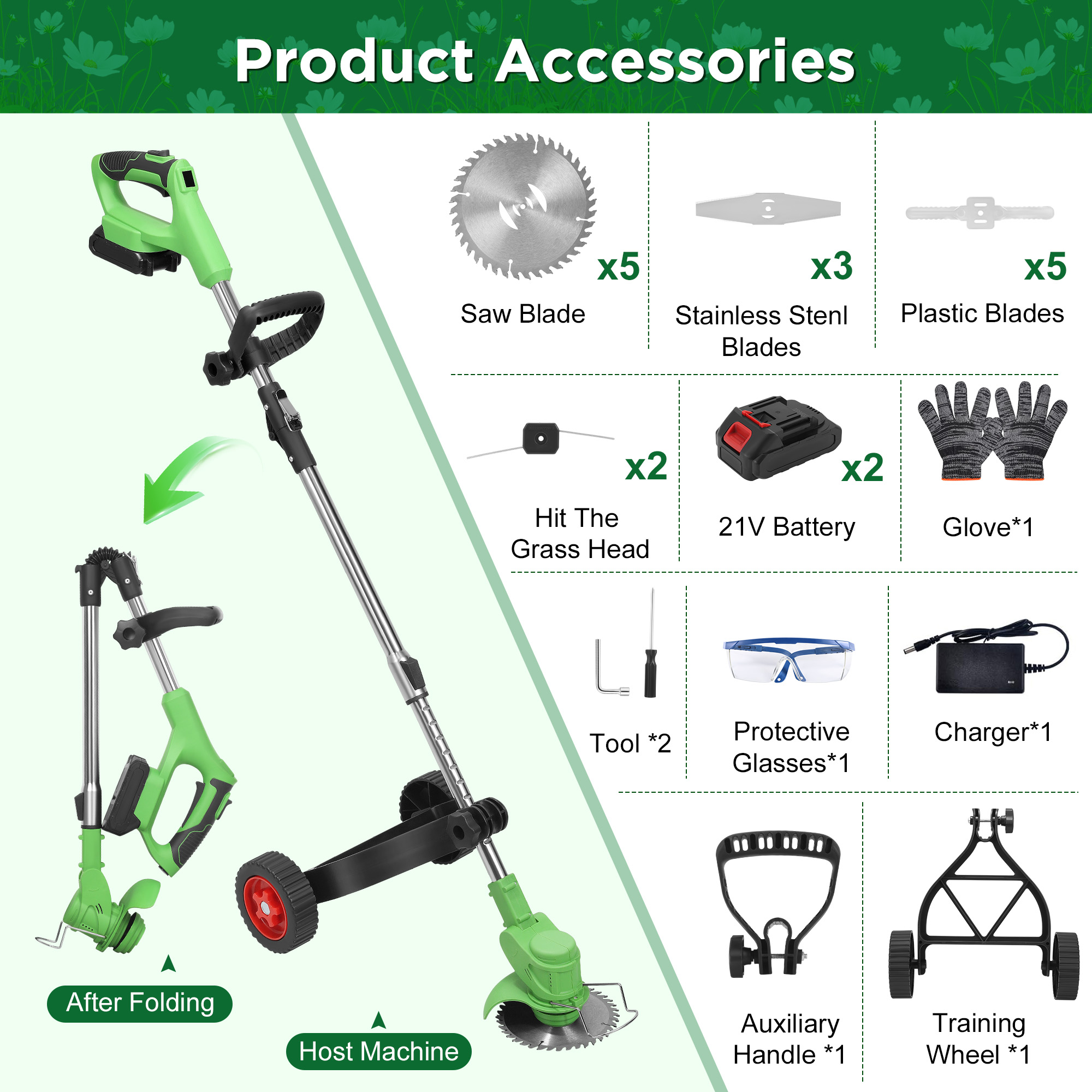RELOIVE Weed Eater,Cordless Weed Trimmer,Electric Weed Wacker, with 2PCS 3000mAh Batteries and Charger, 5-in-1 String Trimmer with Wheels, 43.3''-53.1'' Adjustable for Garden Yard